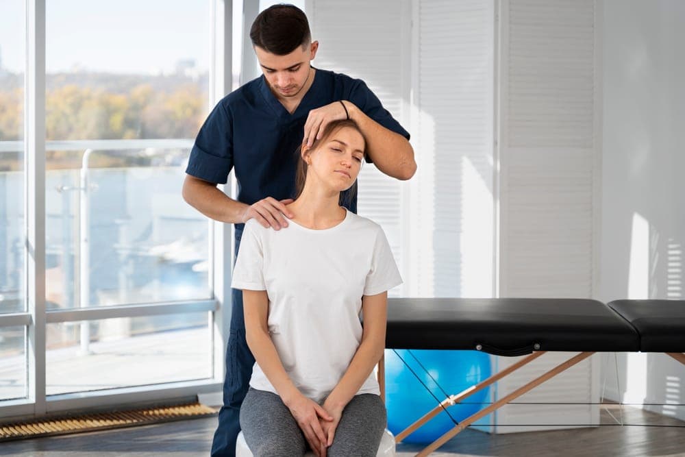 A chiropractor standing behind a seated patient with both hands supporting her head and neck