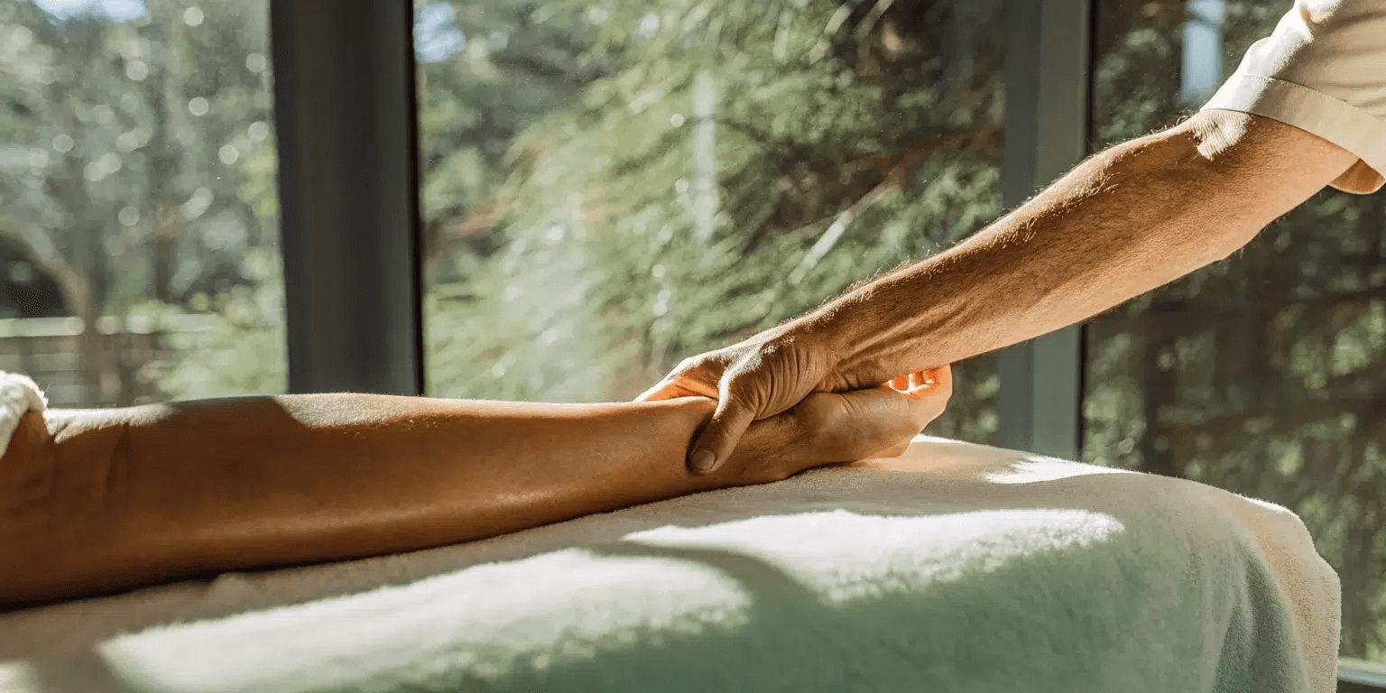 A massage therapist applying hands-on pressure to an active patient's leg