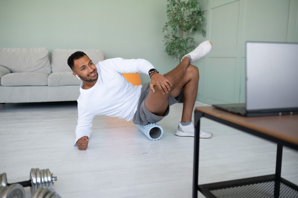 A man uses a foam roller for hip and glute self-massage at home.