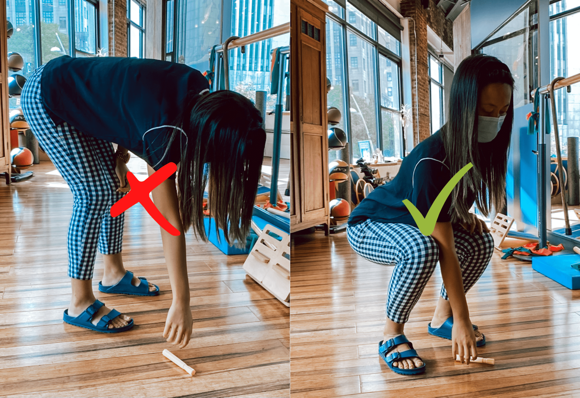 Dr. Eva Shi, Physical Therapist at Physio Logic NYC in Brooklyn, NY, demonstrates the correct way to bend to prevent lower back pain from bending over.