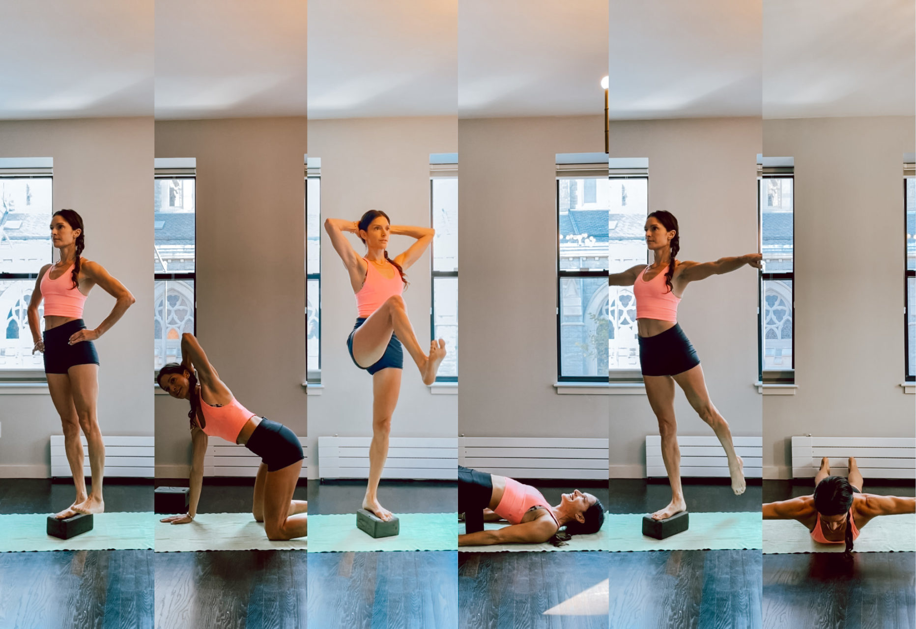 Lynda Gehrman demonstrating Pilates exercises for balance and good form.